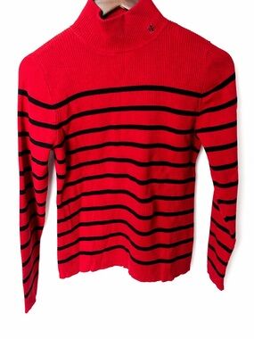 Lauren Ralph Lauren Red Turtleneck Sweater with Black Stripes